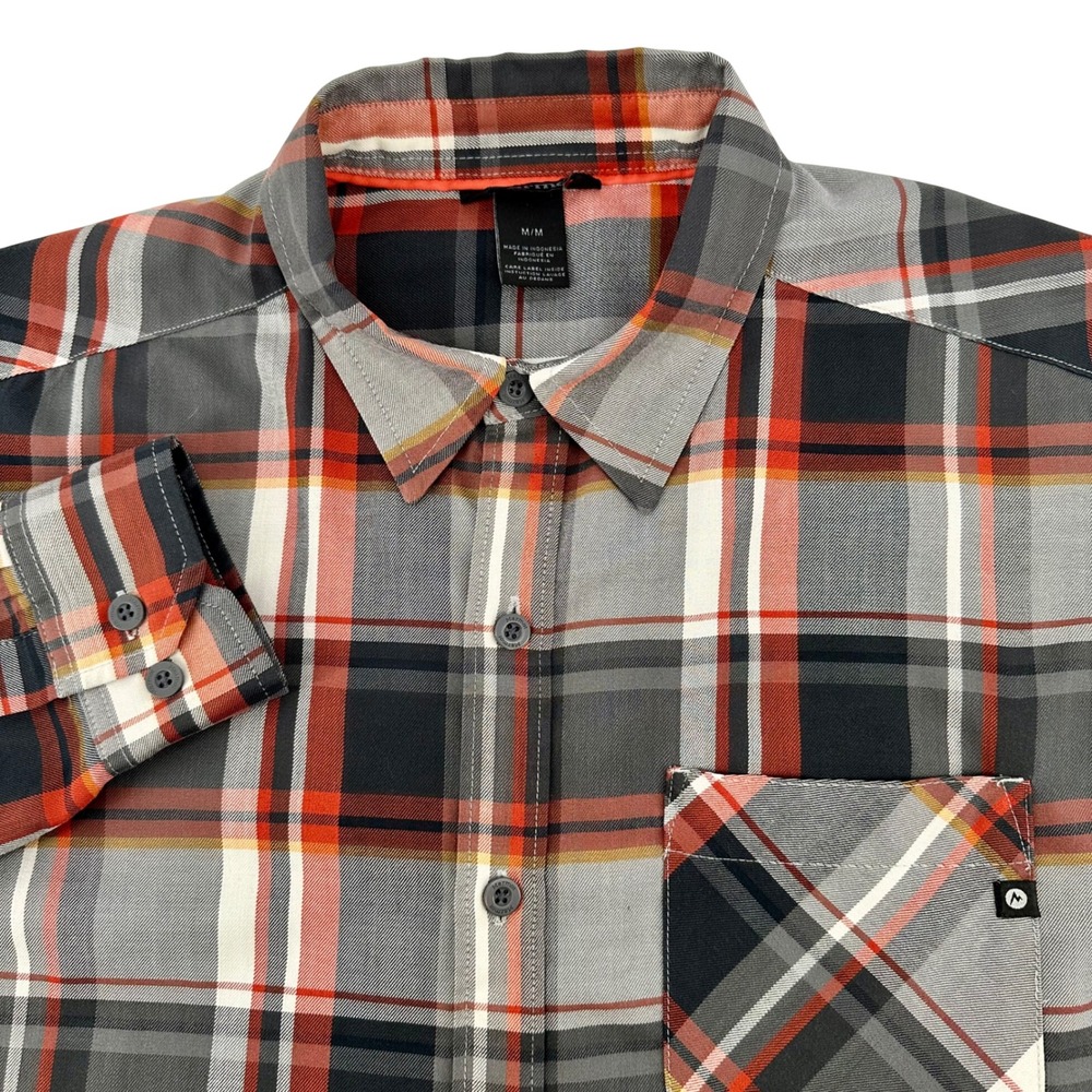 Marmot Mens Medium Grey Orange Plaid Long Sleeve Button‎ Up Hiking Shirt M